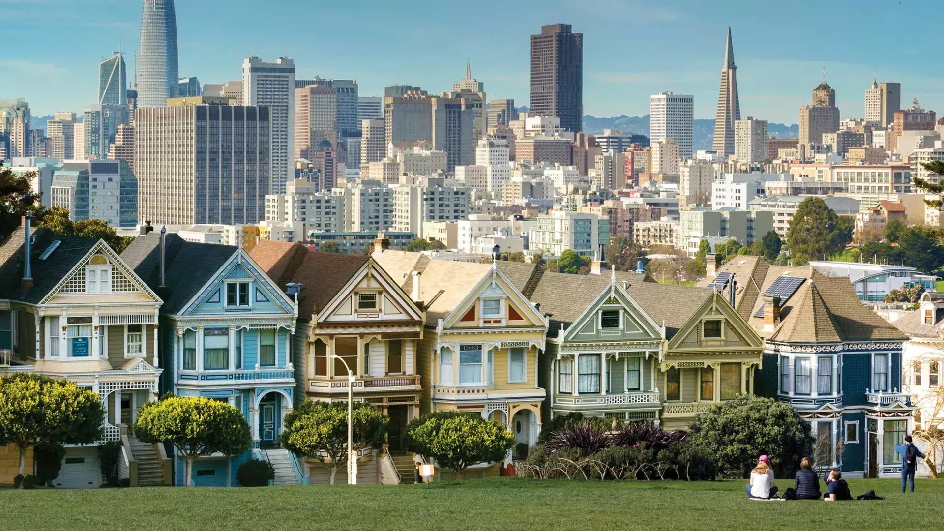 Los excursionistas se sientan en el césped del Alamo Square Park con las Damas Pintadas y el horizonte de San Francisco al fondo.